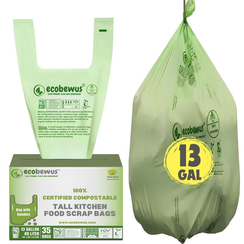 ECOBEWUS 100 Compostable 13 Gallon Bags 35 Bags Tall Kitchen Food Scrap Disposable Compost Trash Bgas Certified Composte Bags US BPI OK Compost Home Certified by Meeting ASTM D6400 35 ct